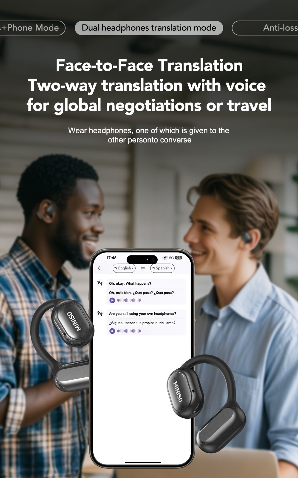 Écouteurs de Traduction Ouverts MINISO X30 AI | 135 Langues, Écran Tactile, Autonomie Longue Durée, Son Haute Qualité, Micro Intégré, Chargement USB | Idéal pour le Travail, les Voyages et l'Étude, Écouteurs Ergonomiques