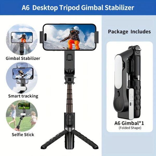 QAML A6 2025 Stabilisateur de cardan portable avec trépied à perche à selfie, télécommande sans fil, 1 axe pour smartphone, batterie lithium-polymère rechargeable de 400 mAh, chargement USB, matériau ABS, compatible avec les appareils iPhone et Android – Image 3