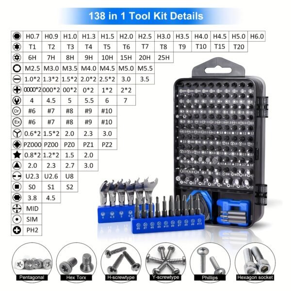 1pc 138 En 1 Kit de Réparation de Bricolage, Ensembles de Tournevis de Précision Kit D'outils de Tournevis Adapté Aux Réparations D'iphones, de Tablettes, de Montres, D'appareils Photo, Etc. Avec Mini Clé Et Extracteur de Vis Dénudées – Image 6