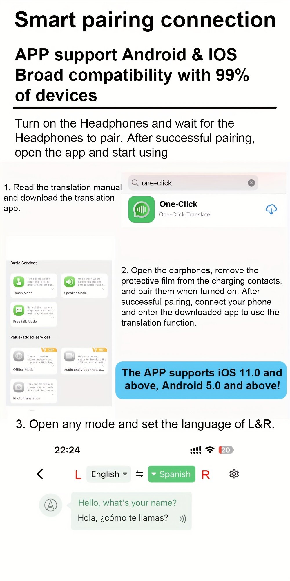Écouteurs de Traduction en Temps Réel pour Plus de 100 Langues avec Contrôle par Application, Traduction Voix & Vidéo Bidirectionnelle pour Voyage, Affaires & Cadeaux, Rechargeables par USB, Sans Fil, Compatibles avec iOS & Android, Prise en Charge de 150 Langues, Écouteurs de Traduction pour Voyage | Design Compact | Support Multilingue