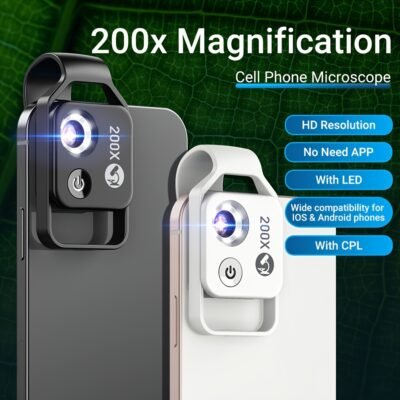 1 Pack Microscope APEXEL 200X Grossissement pour iPhone Huawei Xiaomi - Résolution HD, Lumière LED avec Filtre CPL, Design Clip-On Portable, Sans Application Nécessaire, Sac de Transport et Chiffon de Nettoyage Inclus, Microscopie Smartphone, Accessoire Compatible, Objectif Précis, Pour Utilisateurs Passionnés