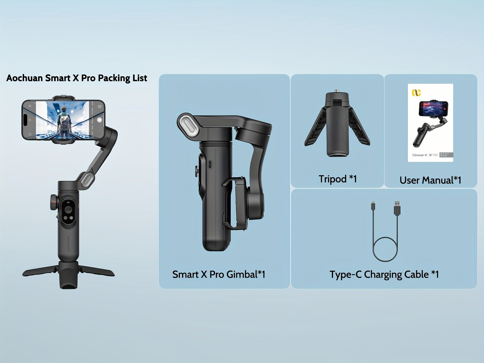 Stabilisateur de Gimbal AOCHUAN Xpro pour stabilité et anti-tremblement, peut être utilisé en main ou sur un trépied avec mode caméra recharge inversée, éclairage de remplissage intégré, affichage LED, télécommande, suivi du visage, contrôle gestuel, selfie, vlog, mode film