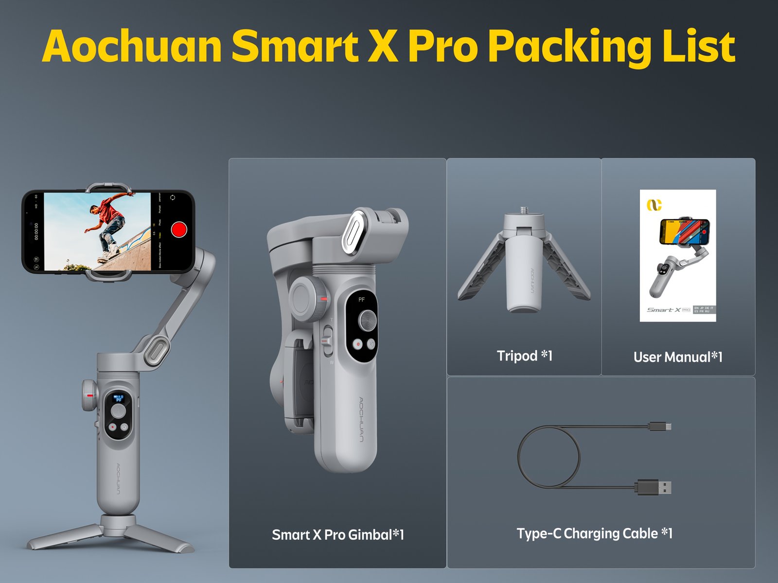 Stabilisateur de Gimbal AOCHUAN Xpro pour stabilité et anti-tremblement, peut être utilisé en main ou sur un trépied avec mode caméra recharge inversée, éclairage de remplissage intégré, affichage LED, télécommande, suivi du visage, contrôle gestuel, selfie, vlog, mode film