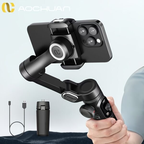 AOCHUAN Stabilisateur Intelligent pour Smartphone XPro avec Trépied, Suivi de Visage pour Sport en Plein Air et Diffusion en Direct, Application Anti-Vibration, Éclairage Intégré LED, Prise de Vue Autoportrait et Famille