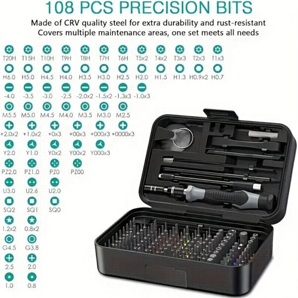 Kit de Réparation pour Téléphone Mobile avec Ensemble de Tournevis, Boîte Magnétique Incluant une Barre à Levier, Ventouse, Pincettes, Pinces et 108 Embouts pour Réparations Quotidiennes - Adapté aux Ordinateurs Personnels, Ordinateurs Portables, Téléphones Mobiles, Consoles de Jeux, Caméras, Lunettes, etc (Copie) – Image 4