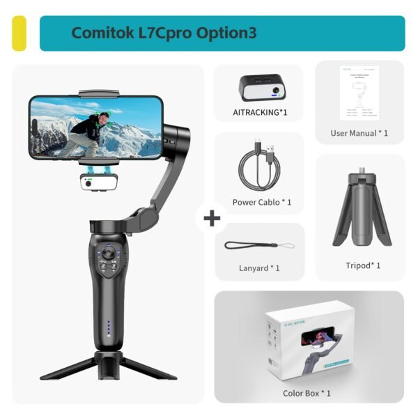 COMITOK L7C gimbal portable à 3 axes intelligent, peut être utilisé pour filmer des vidéos fluides, diffusions en direct, contrôle de geste intelligent et prises de vue de suivi, avec lumière d'appoint intégrée, artefact de prise de vue vlog selfie pour téléphone portable multi-scènes – Image 3