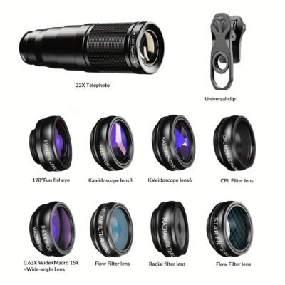 Kit d'Objectifs pour Téléphone APEXEL 10 en 1 - Objectif Télescopique 22X, Objectif Œil de Poisson 198°, Objectif Grand Angle et Objectif Macro (Vissés Ensemble), Kit de Photographie pour iPhone 16/15/14/13 Pro Max, Samsung et la Plupart des Smartphones