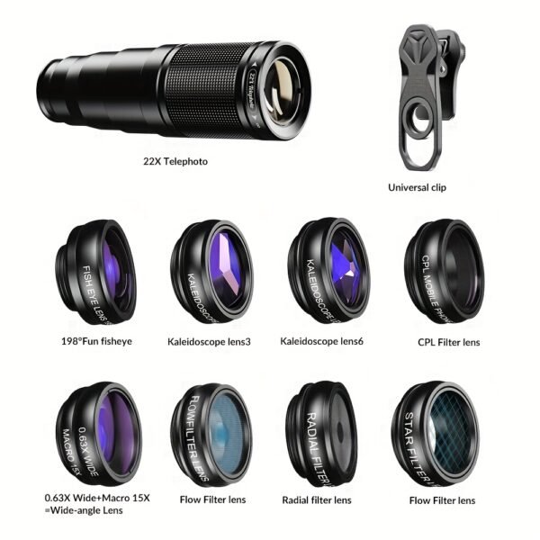 Kit d'Objectifs pour Téléphone APEXEL 10 en 1 - Objectif Télescopique 22X, Objectif Œil de Poisson 198°, Objectif Grand Angle et Objectif Macro (Vissés Ensemble), Kit de Photographie pour iPhone 16/15/14/13 Pro Max, Samsung et la Plupart des Smartphones