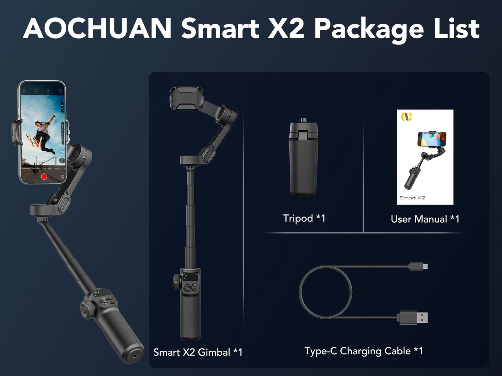 AOCHUAN Smart X2 Stabilisateur de Téléphone Gimbal pour Sport en Plein Air, Trépied à Déclencheur Automatique, Réglage Pliable avec Affichage LED au Sol, Contrôle par Gestes, Suivi de Visage et Corps, Fonction Anti-secousse