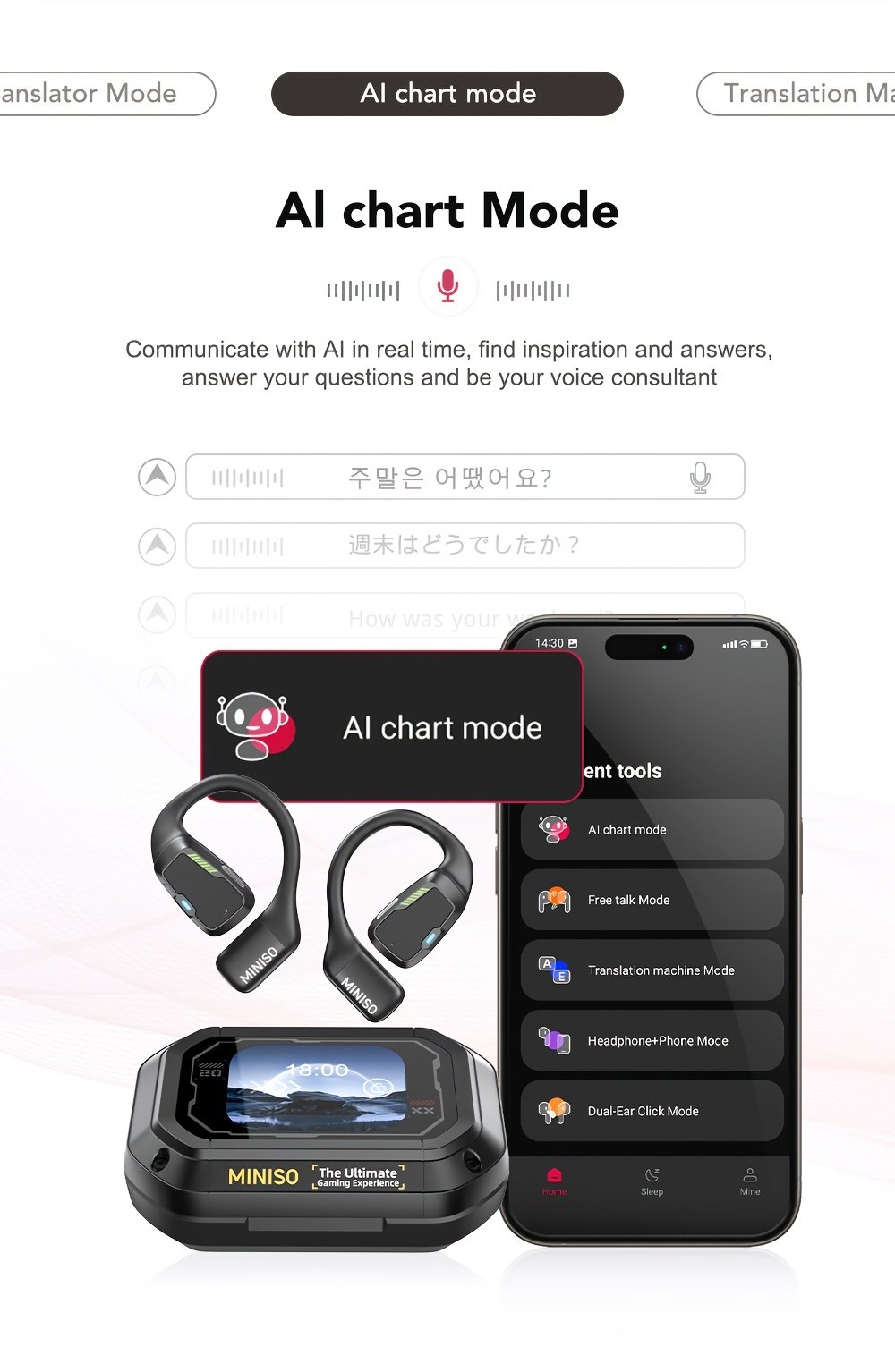 Écouteurs Sans Fil MINISO M98 avec Traduction IA - 135 Langues en Temps Réel, Conception Ouverte avec Écran Tactile Couleur et Retour Haptique, Autonomie de 35H, Micro Intégré, Chargement USB-C pour Jeux/Appels Téléphoniques/Musique, Outil de Traduction Multimédia, Casque Haut-De-Gamme