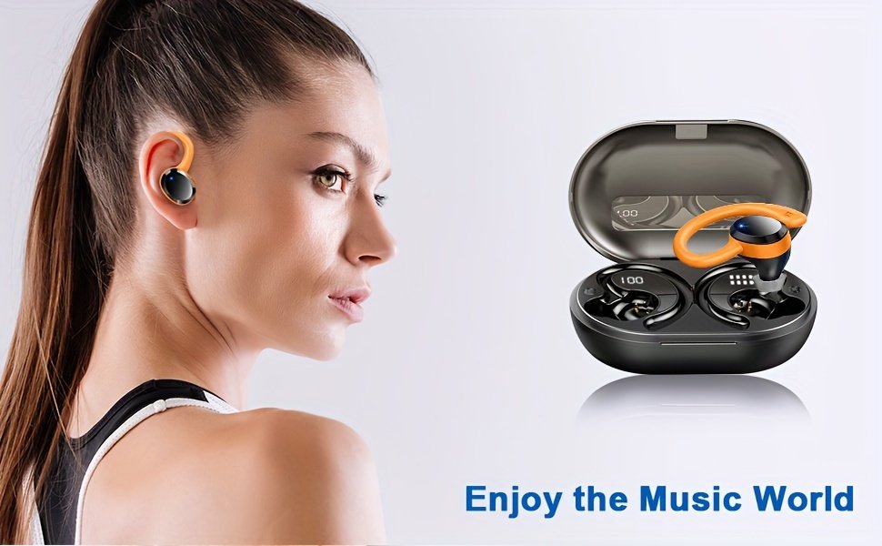 Écouteurs Sans Fil Q38, Casque Sans Fil 5.3 avec Pilote de 14.2mm Stéréo Sur-oreille, Écouteurs de Lecture 48H avec Crochet d'Oreille, Micro Réducteur de Bruit, Casque Sport pour Entraînement/Courir