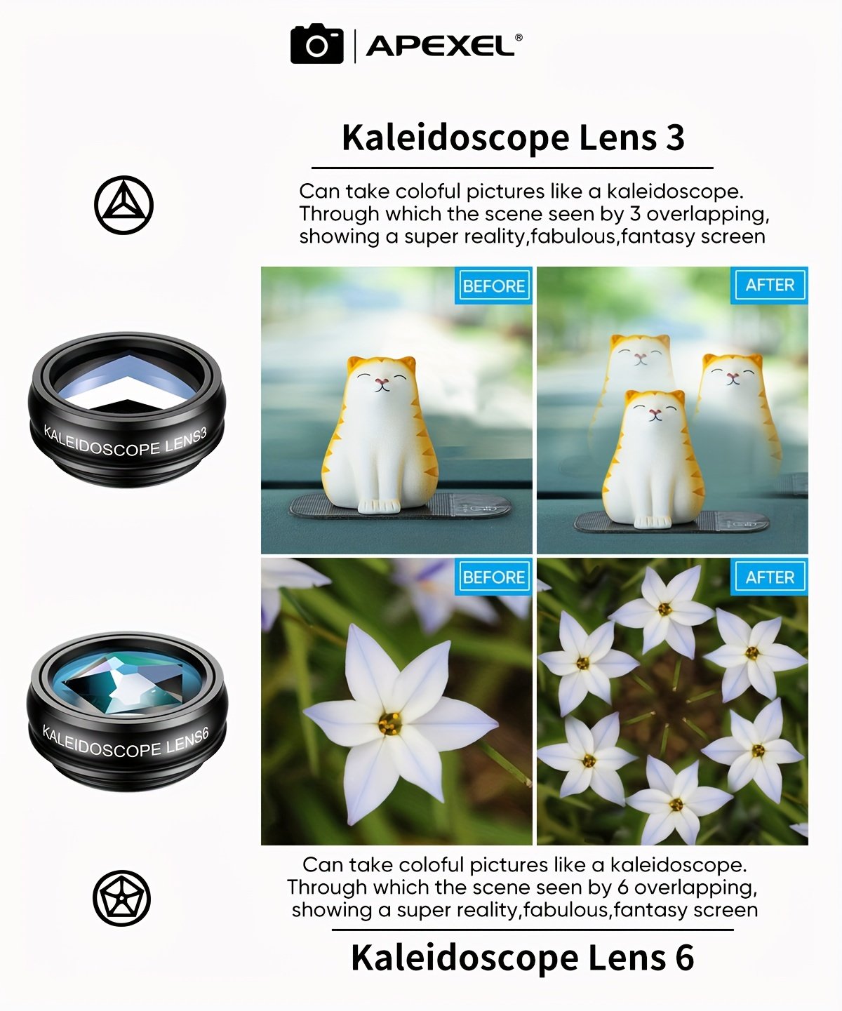 Kit d'Objectifs APEXEL 10 en 1 pour Téléphone avec Objectif Pois, Macro Large, Filtre Étoile et CPL pour iPhone 11, Samsung Redmi et tous les Smartphones