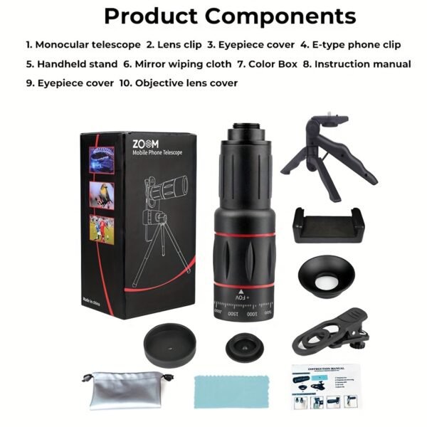 Objectif Téléobjectif pour iPhone et Android, Télescope de Caméra HD à Grande Loupe pour Photographie sur Smartphone avec Pince pour Téléphone & Trépied Portatif – Image 5