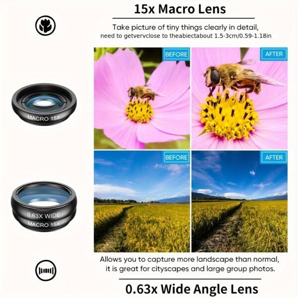 Kit d'Objectifs pour Téléphone APEXEL 10 en 1 - Objectif Télescopique 22X, Objectif Œil de Poisson 198°, Objectif Grand Angle et Objectif Macro (Vissés Ensemble), Kit de Photographie pour iPhone 16/15/14/13 Pro Max, Samsung et la Plupart des Smartphones – Image 6