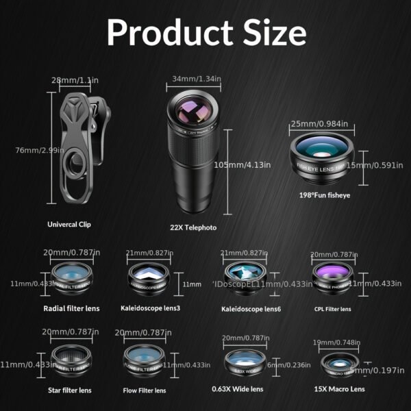 Kit d'Objectifs APEXEL 10 en 1 pour Téléphone avec Objectif Pois, Macro Large, Filtre Étoile et CPL pour iPhone 11, Samsung Redmi et tous les Smartphones – Image 2
