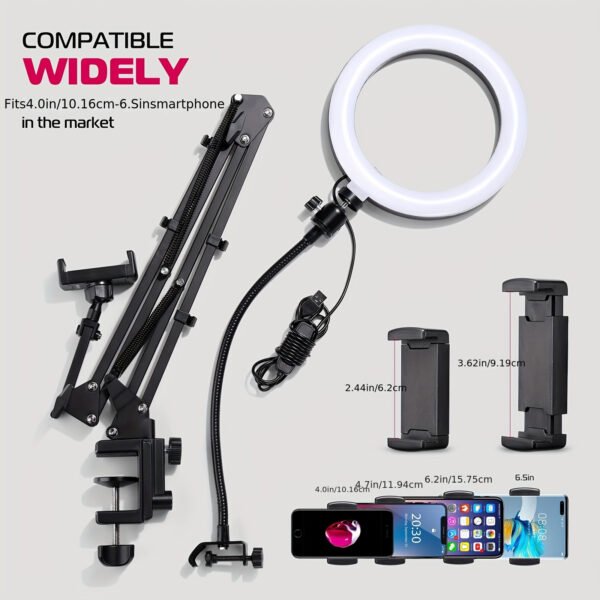 Support de téléphone en alliage d'aluminium réglable avec lumière à anneau, support d'armoire à dessus pour iPhone, support de bureau multi-usage pour streaming en direct, cuisine, peinture, nail art, accessoire de cuisine | Finition noire élégante | Bras réglable, support de téléphone pour bureau – Image 6